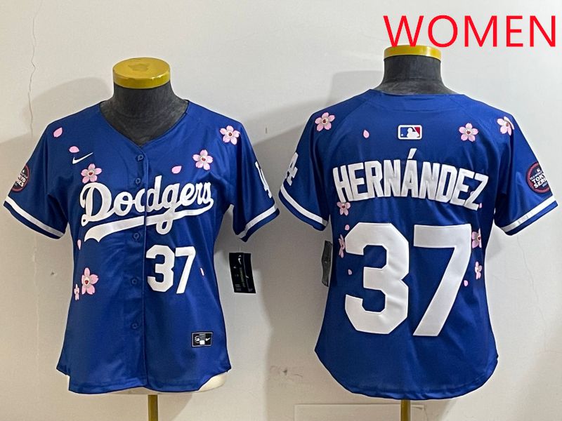 Women Los Angeles Dodgers 37 Hernandez Blue Sakura Edition 2025 Nike MLB Jersey style 3